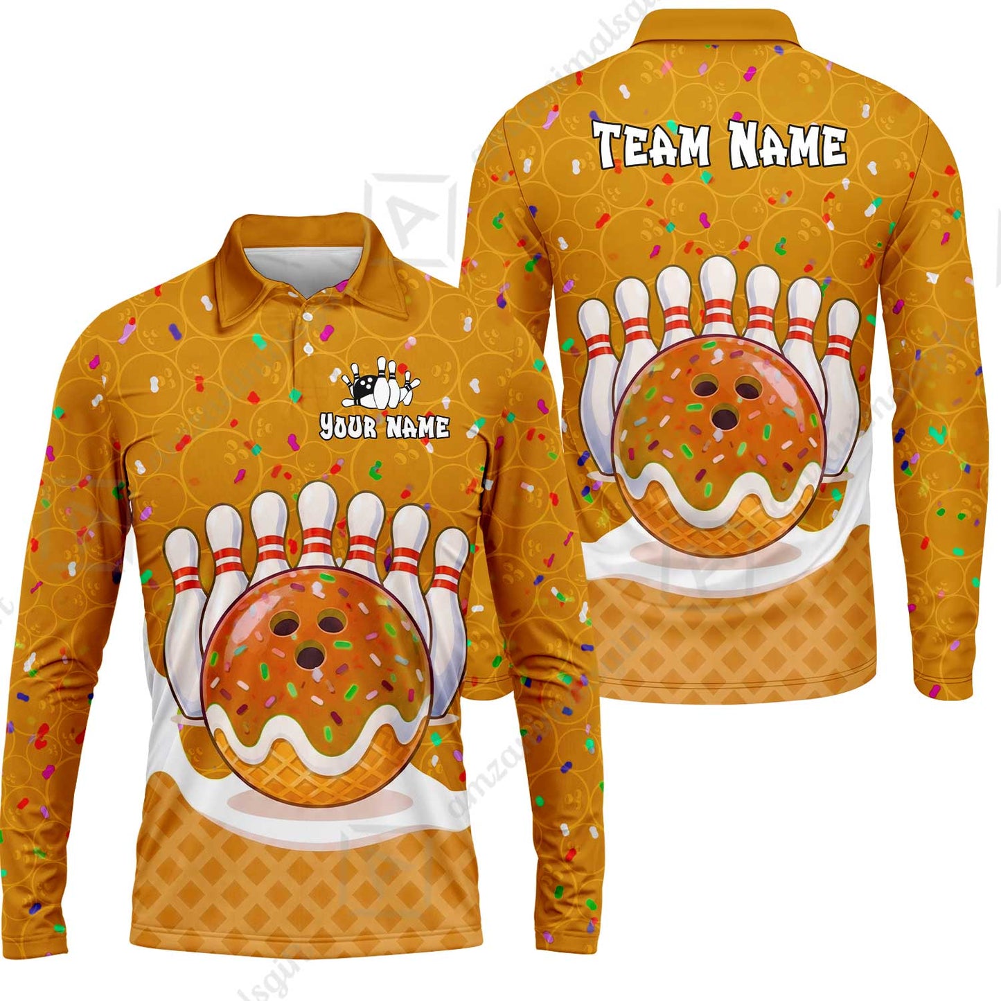 Custom Bowling Jersey Polo Shirt, Bowling Sprinkles Ice Cream Cone, Personalized Name & Team Name