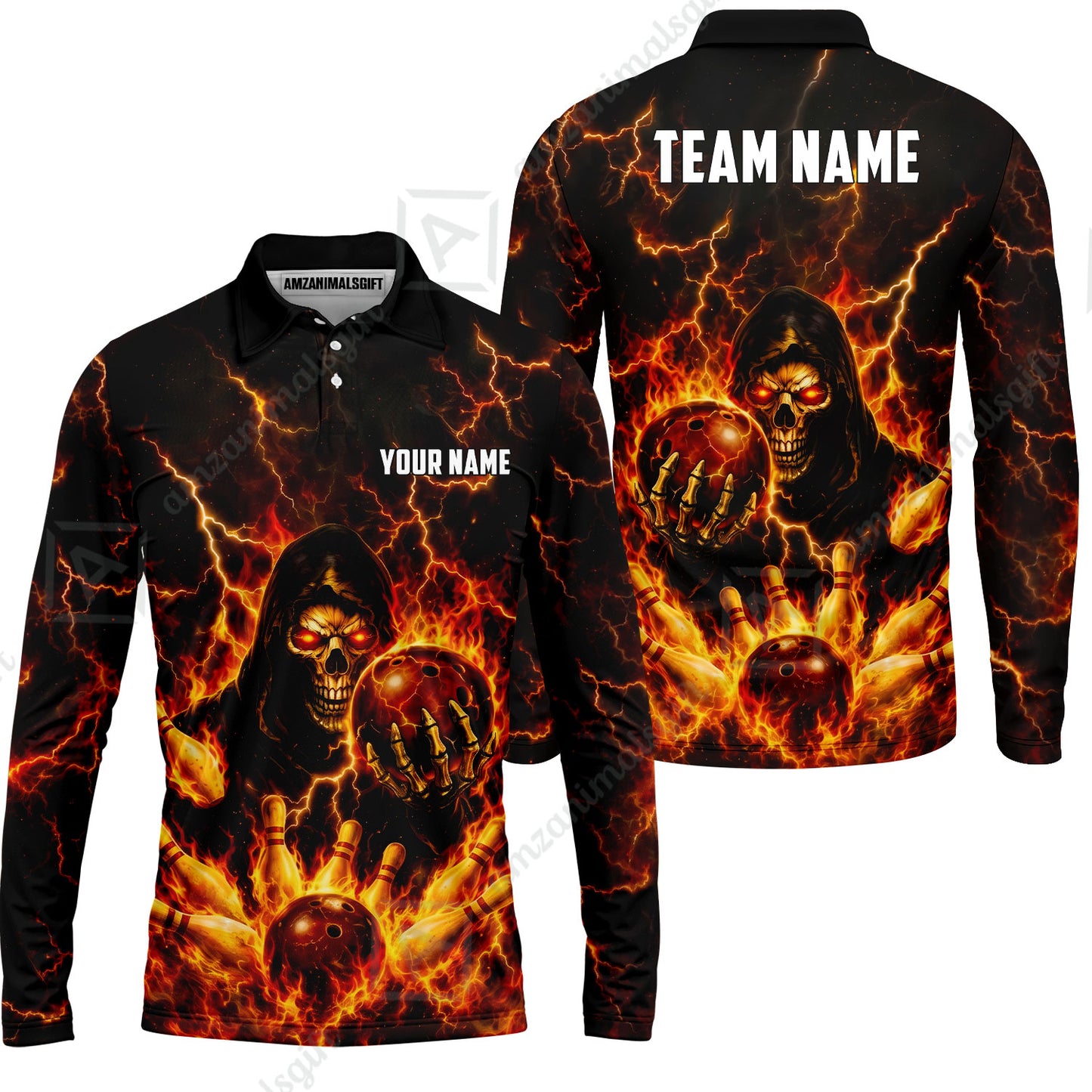 Custom Bowling Jersey Polo Shirt, Lightning Grim Reaper, Custom Bowling Jersey Team Shirt For Players With Name & Team Name