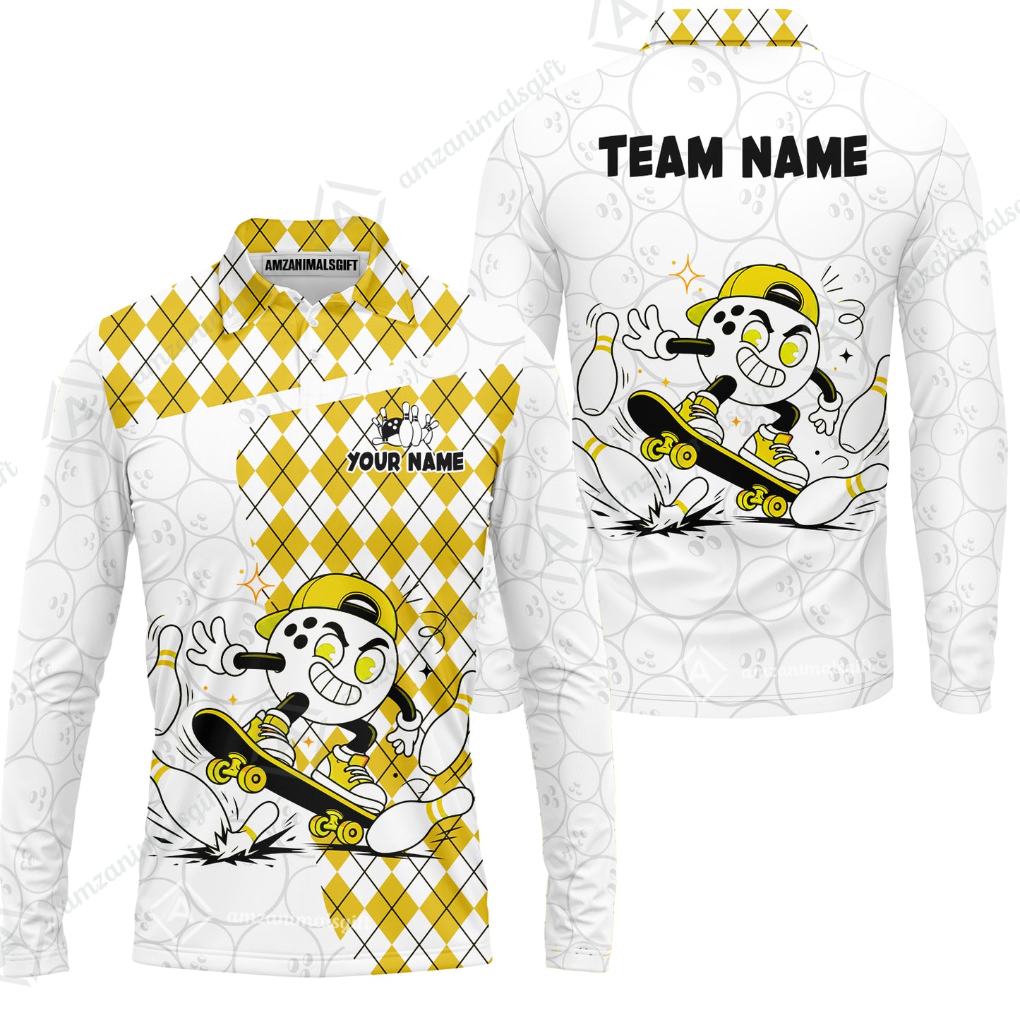 Custom Bowling Jersey Polo Shirt, Skateboarder Bowling Ball Mascot, Custom Bowling Jersey Team Shirt For Players With Name and Team Name