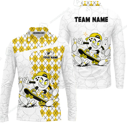 Custom Bowling Jersey Polo Shirt, Skateboarder Bowling Ball Mascot, Custom Bowling Jersey Team Shirt For Players With Name and Team Name