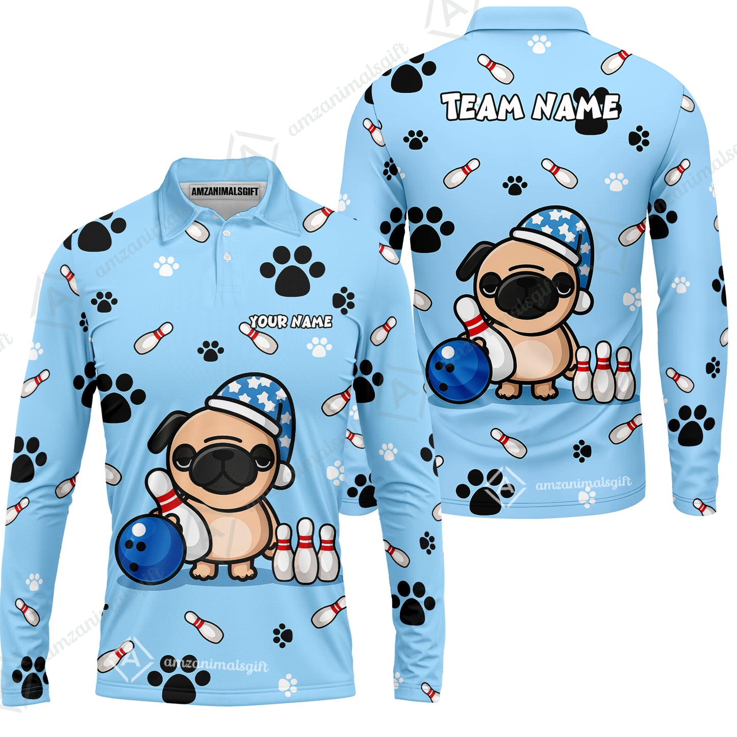Custom Bowling Polo Shirt, Pug Lover Bowling Custom Bowling Polo Team Shirt With Name & Team Name