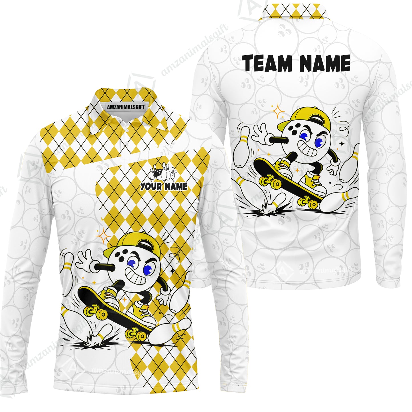 Custom Bowling Jersey Polo Shirt, Skateboarder Bowling Ball Mascot, Custom Bowling Jersey Team Shirt For Players With Name and Team Name