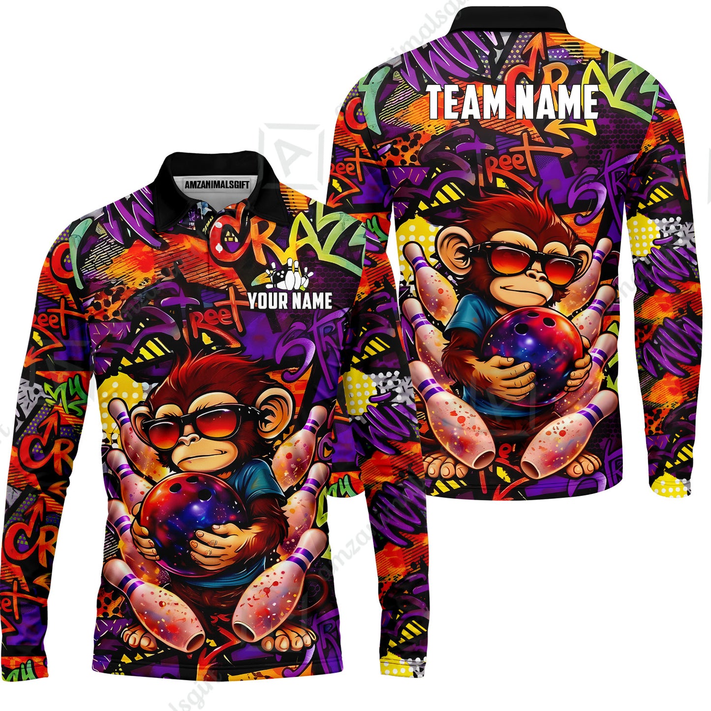 Custom Bowling Jersey Polo Shirt, Street Graffiti Funny Monkey Mascot, Custom Bowling Jersey Team Shirt For Players With Name & Team Name