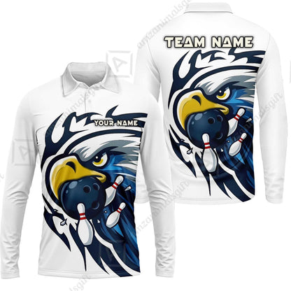 Custom Bowling Jersey Polo Shirt, Majestic Blue Eagle Mascot, Custom Bowling Jersey Team Shirt For Players With Name and Team Name