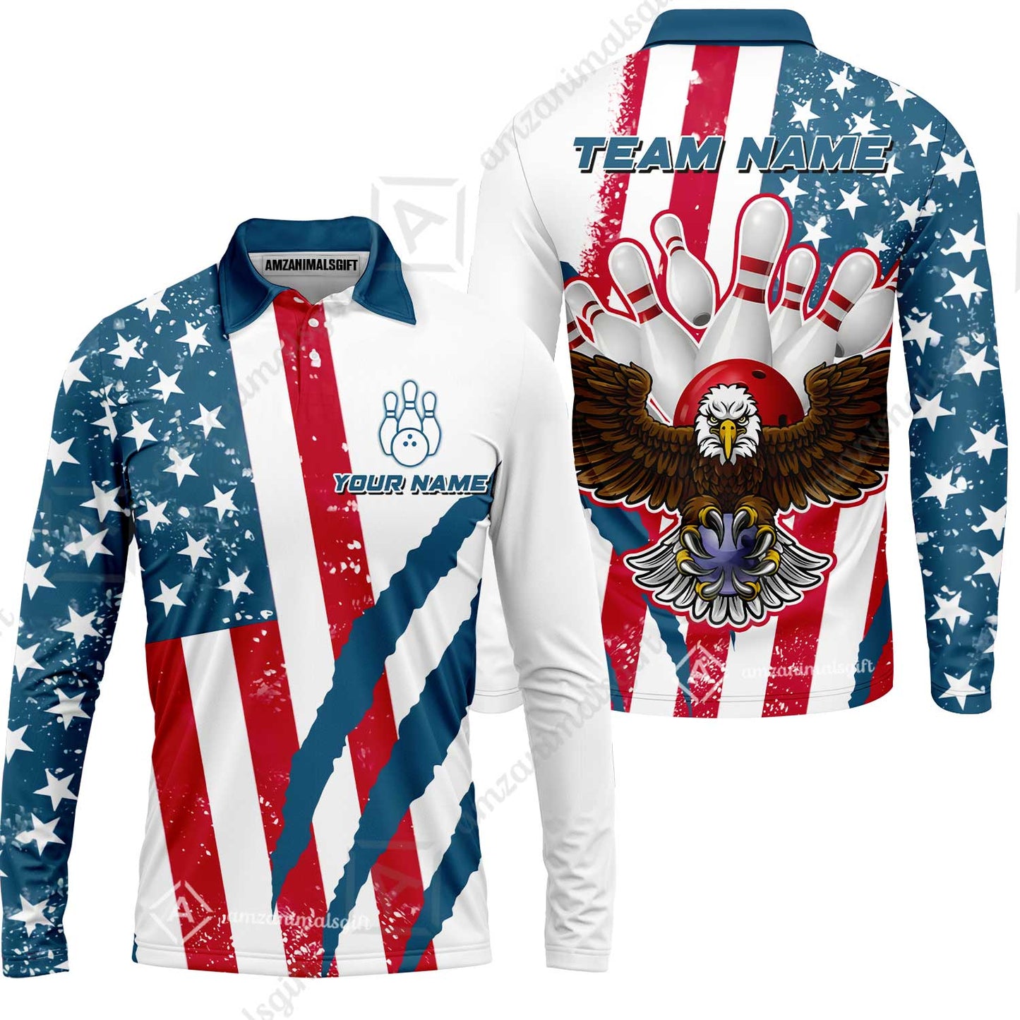 Customized Patriotic Bowling Long Sleeve Polo Shirt , American Flag & Eagle Claw-mark Long Sleeve Polo Shirt, Perfect For Bowling Team