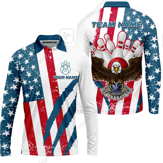 Customized Patriotic Bowling Long Sleeve Polo Shirt , American Flag & Eagle Claw-mark Long Sleeve Polo Shirt, Perfect For Bowling Team
