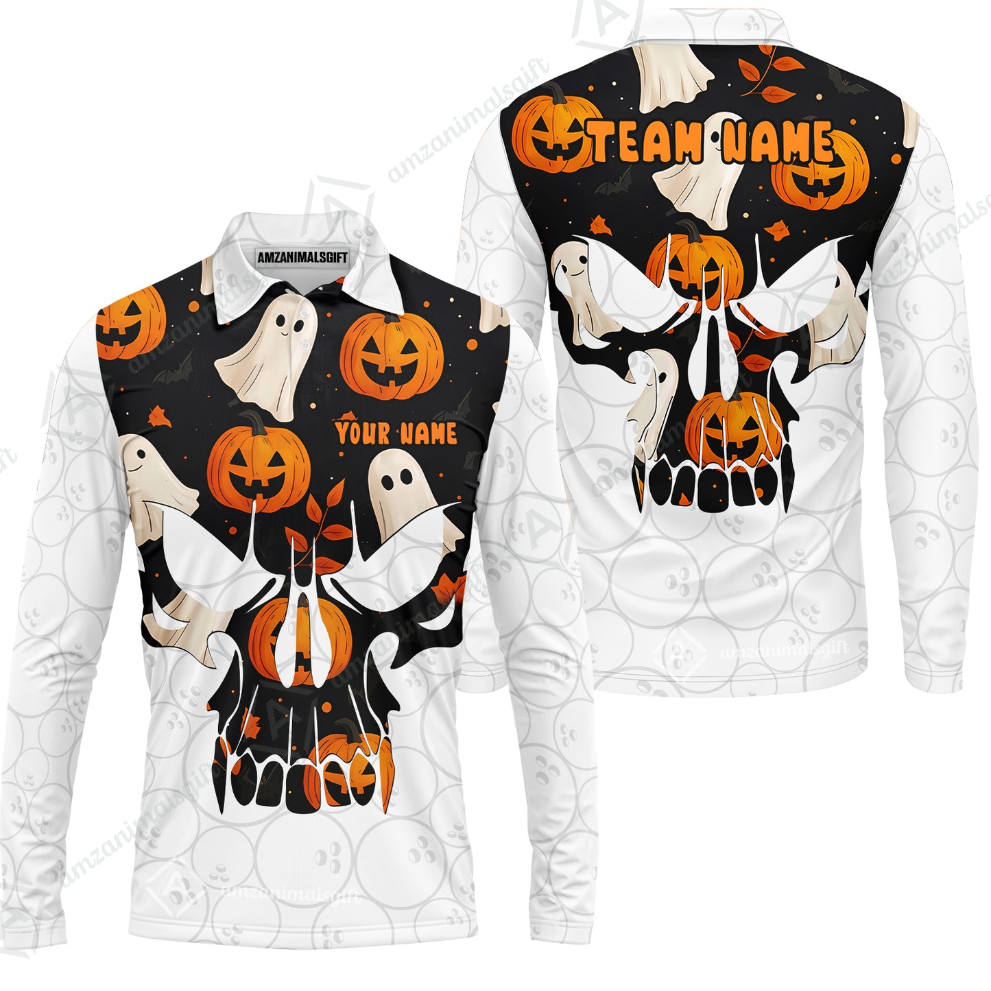 Custom Bowling Jersey Polo Shirt, Halloween Pattern Skull, Custom Bowling Jersey Team Shirt For Players With Name & Team Name