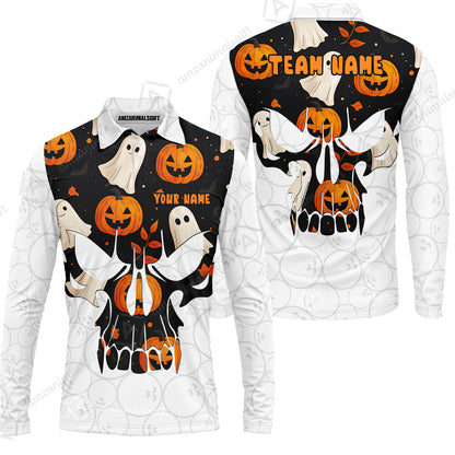 Custom Bowling Jersey Polo Shirt, Halloween Pattern Skull, Custom Bowling Jersey Team Shirt For Players With Name & Team Name