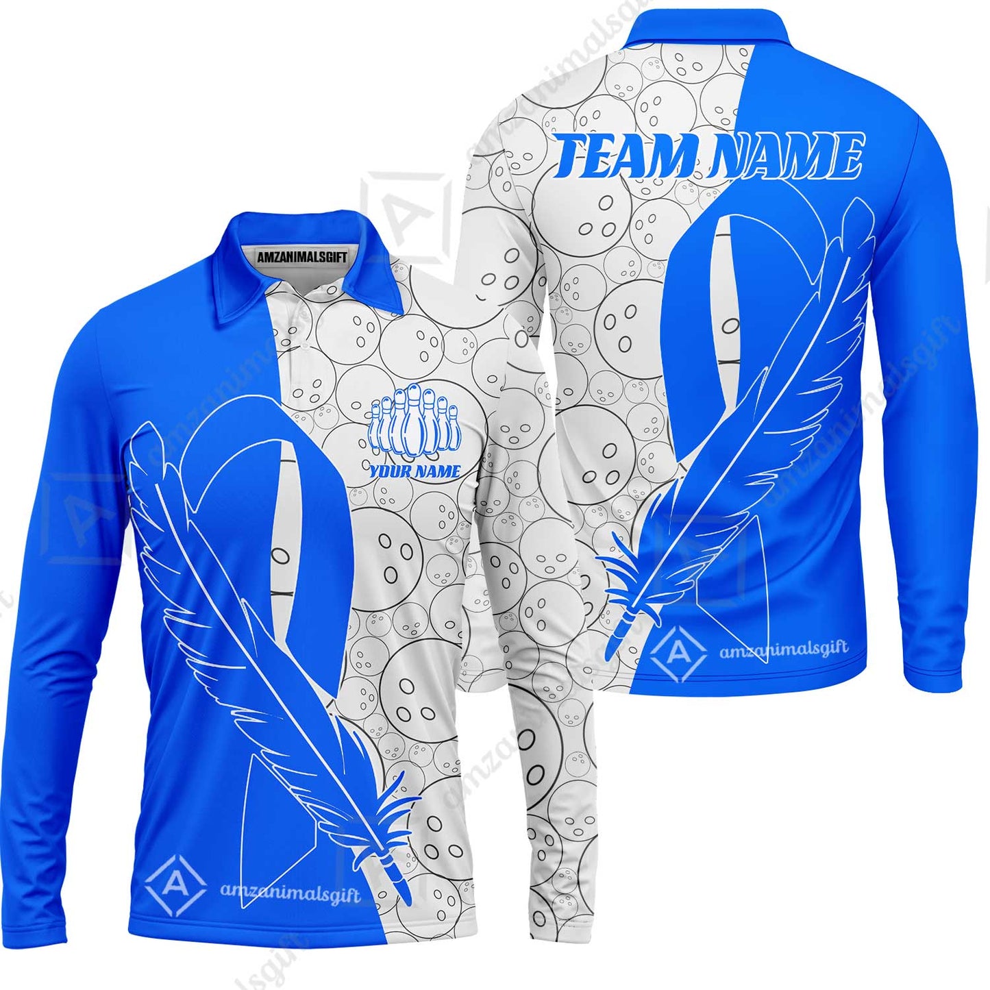 Customized Bowling Team Uniform Shirts, Blue Ribbon Feather Combined With Bowling Pattern Personalized Team & Player Jersey