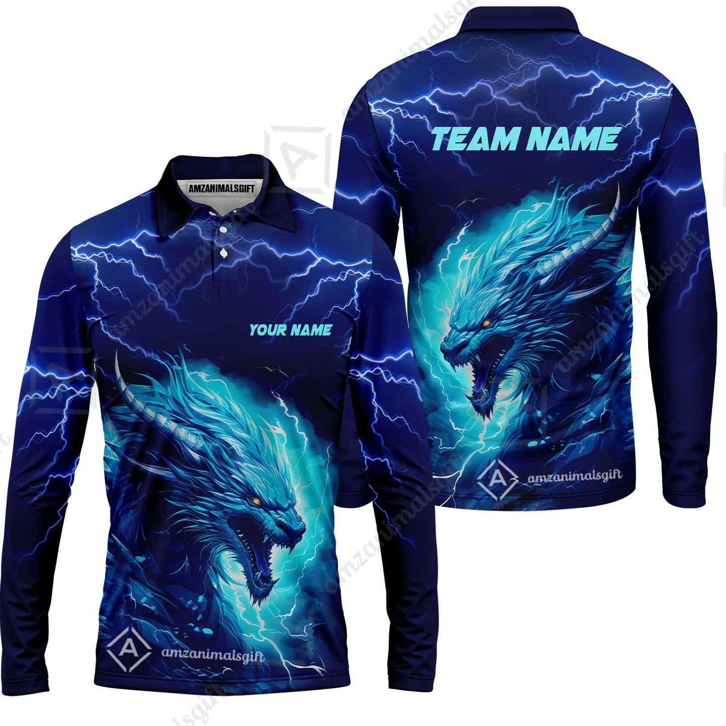 Bowling Customized Jersey Shirt Navy Blue Lightning Thunder Dragon Quarter Zip Bowling Shirt For Bowlers, Bowling Team