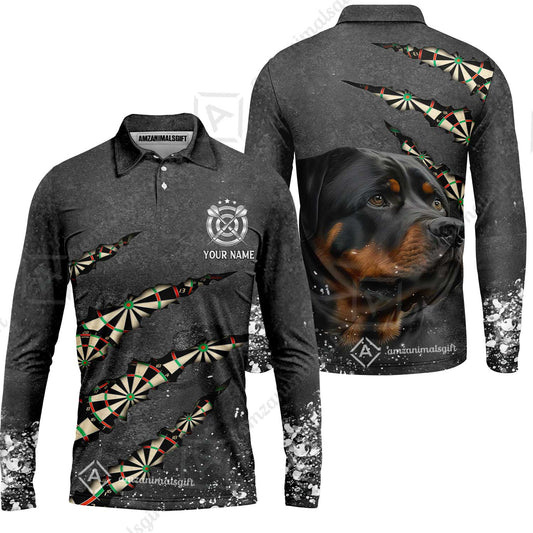 Rottweiler And Darts Custom Name Men's Long Sleeve Polo Shirt, Darts Paint Splash Personalized Men Polo Shirt Gift For Darts Lover, Team, Dog Lover