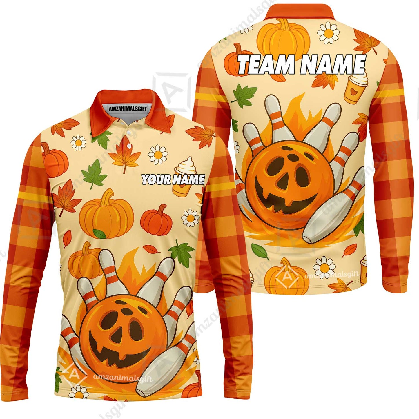 Customized Bowling Team Polo Jersey, Bowling Halloween Pumpkin Style Uniform Shirt For Bowlers