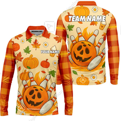 Customized Bowling Team Polo Jersey, Bowling Halloween Pumpkin Style Uniform Shirt For Bowlers