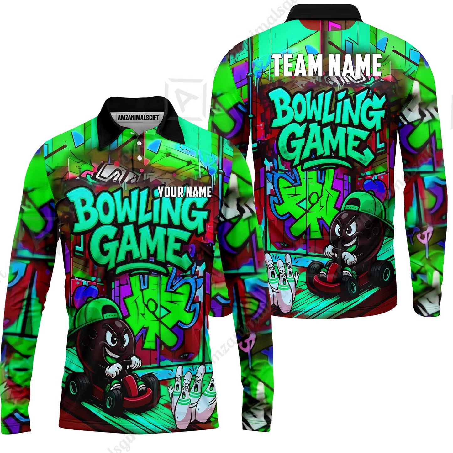 Custom Bowling Jersey Polo Shirt, Street Graffiti Go Kart Ball, Custom Bowling Jersey Team Shirt For Players With Name and Team Name