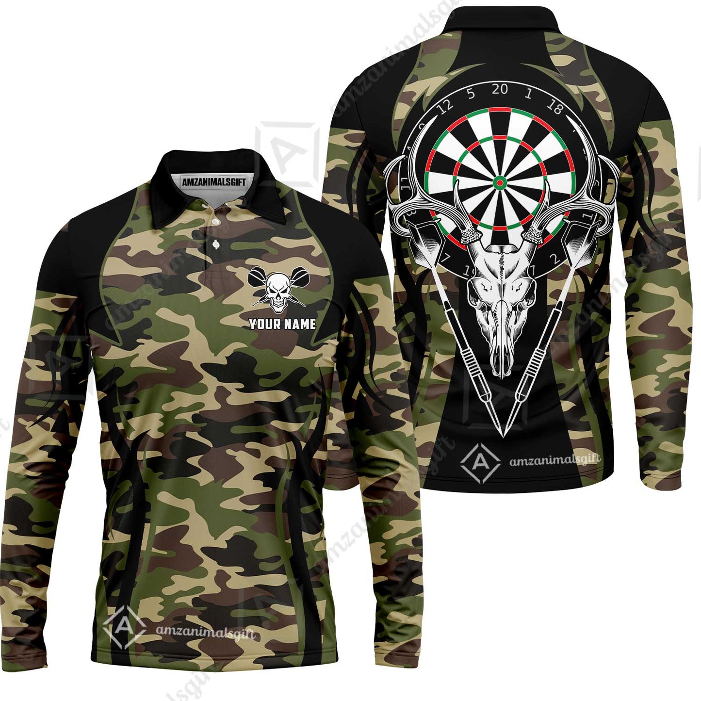 Customized Darts Long Sleeve Polo Shirt, Camo Skull Deer Dartboard Personalized Long Sleeve Polo Shirt For Darts Team League