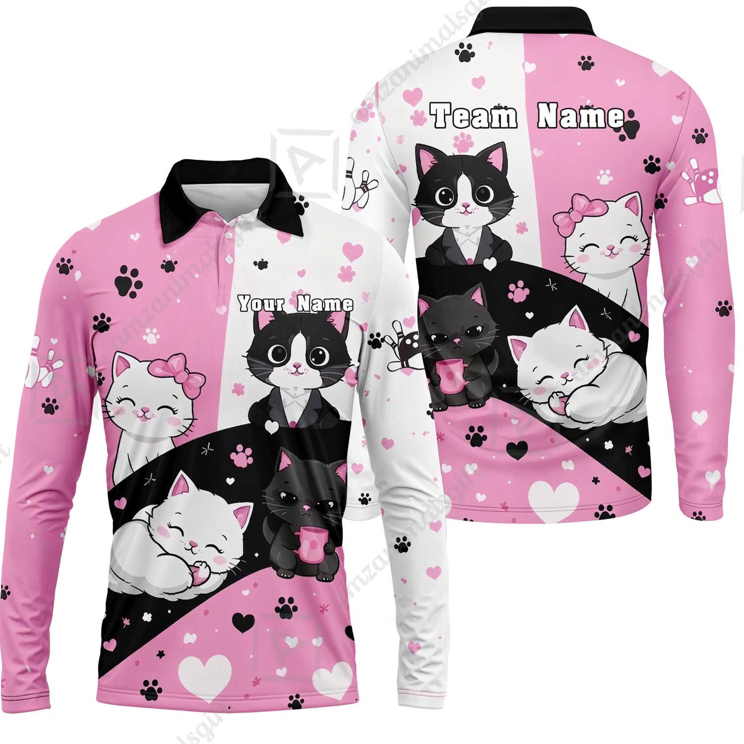 Custom Bowling Jersey Polo Shirt,  Meow Moments, Custom Bowling Jersey Team Shirt For Players With Name and Team Name
