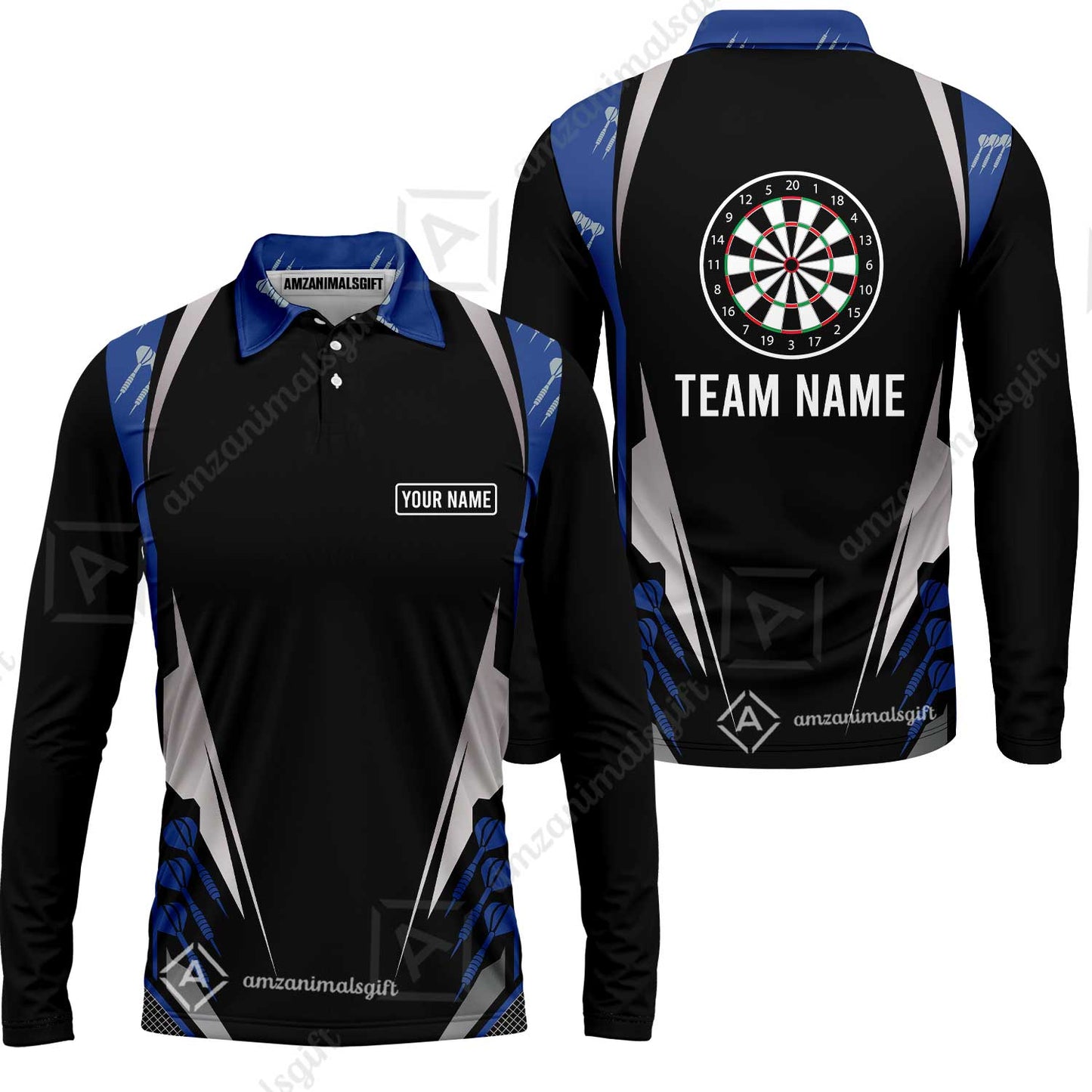 Customized Darts Team Long Sleeve Polo Shirt, Dartboard Center Multicolor Option With Personalized Name And Team Name