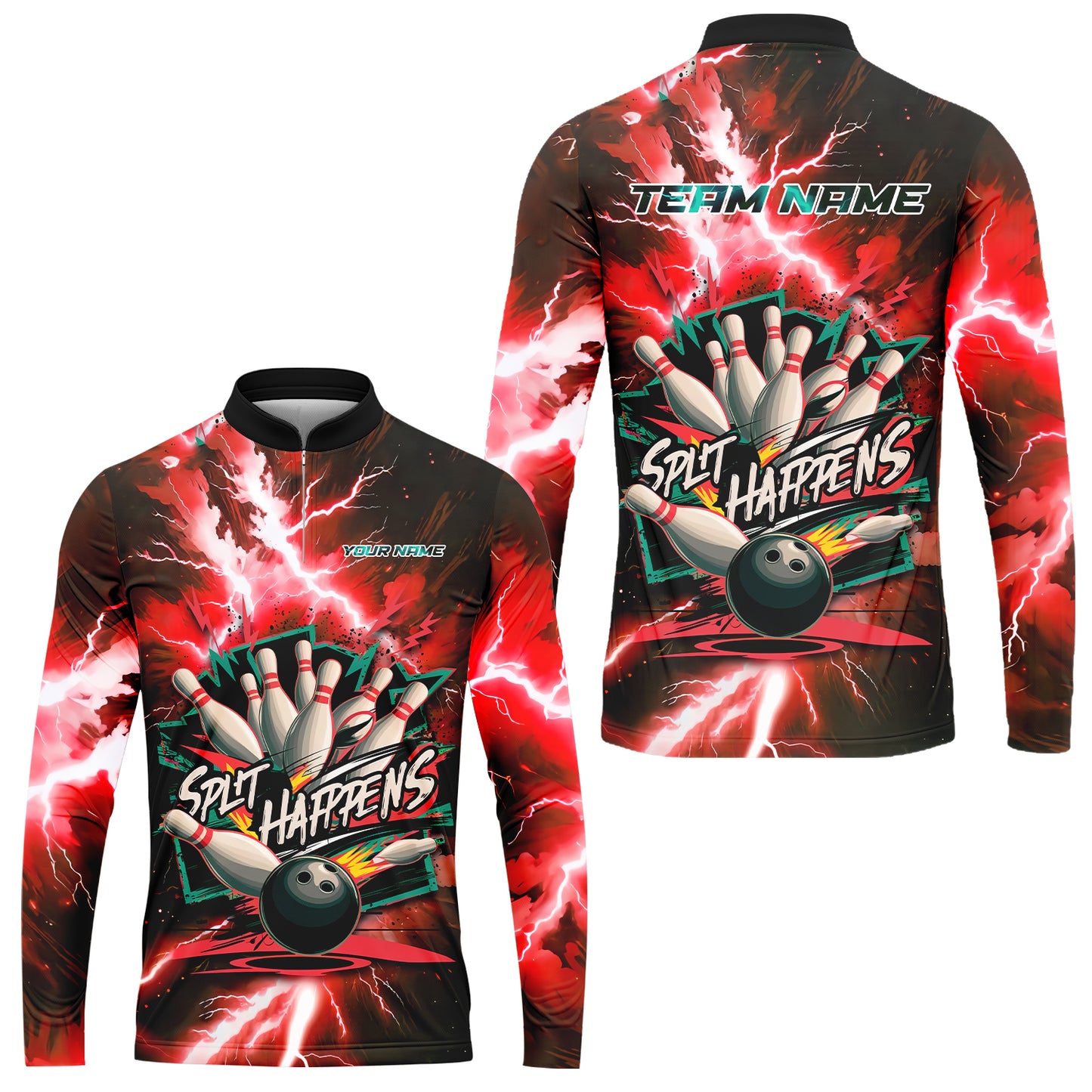 Customized Bowling Jersey, Dramatic Red And Black Lightning - Split Happens , Uniform Bowling - Personalized Name And Team Name
