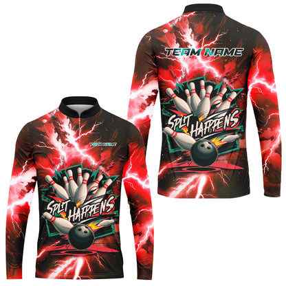 Customized Bowling Jersey, Dramatic Red And Black Lightning - Split Happens , Uniform Bowling - Personalized Name And Team Name