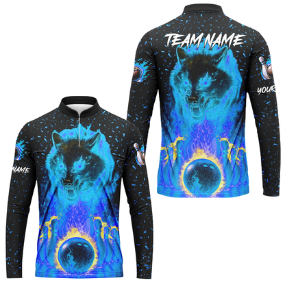 Customized Bowling Jersey, Glowing Wolf with Fiery Bowling Pins , Uniform Bowling - Personalized Name And Team Name