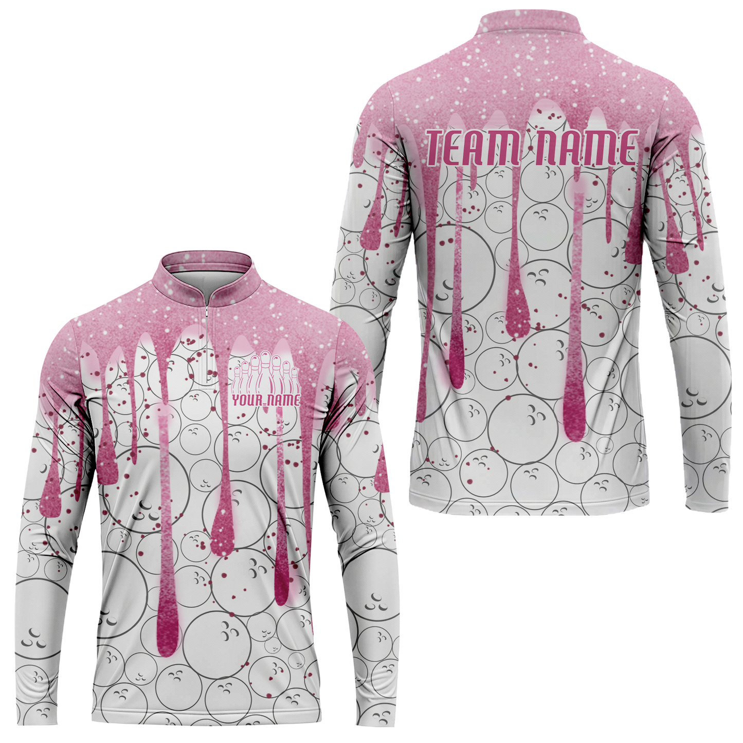Custom Pink Glitter Bowling Team Women Polo Shirts, Custom Glitter Bowling Team Uniforms Jerseys, Bowling Ball Polo Personalized Name And Team Name