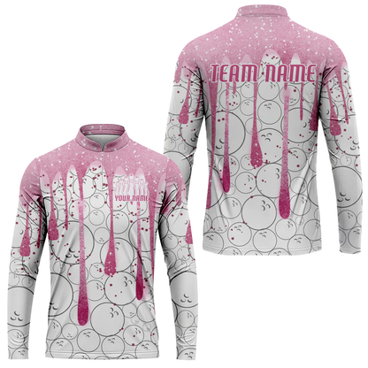 Custom Pink Glitter Bowling Team Women Polo Shirts, Custom Glitter Bowling Team Uniforms Jerseys, Bowling Ball Polo Personalized Name And Team Name
