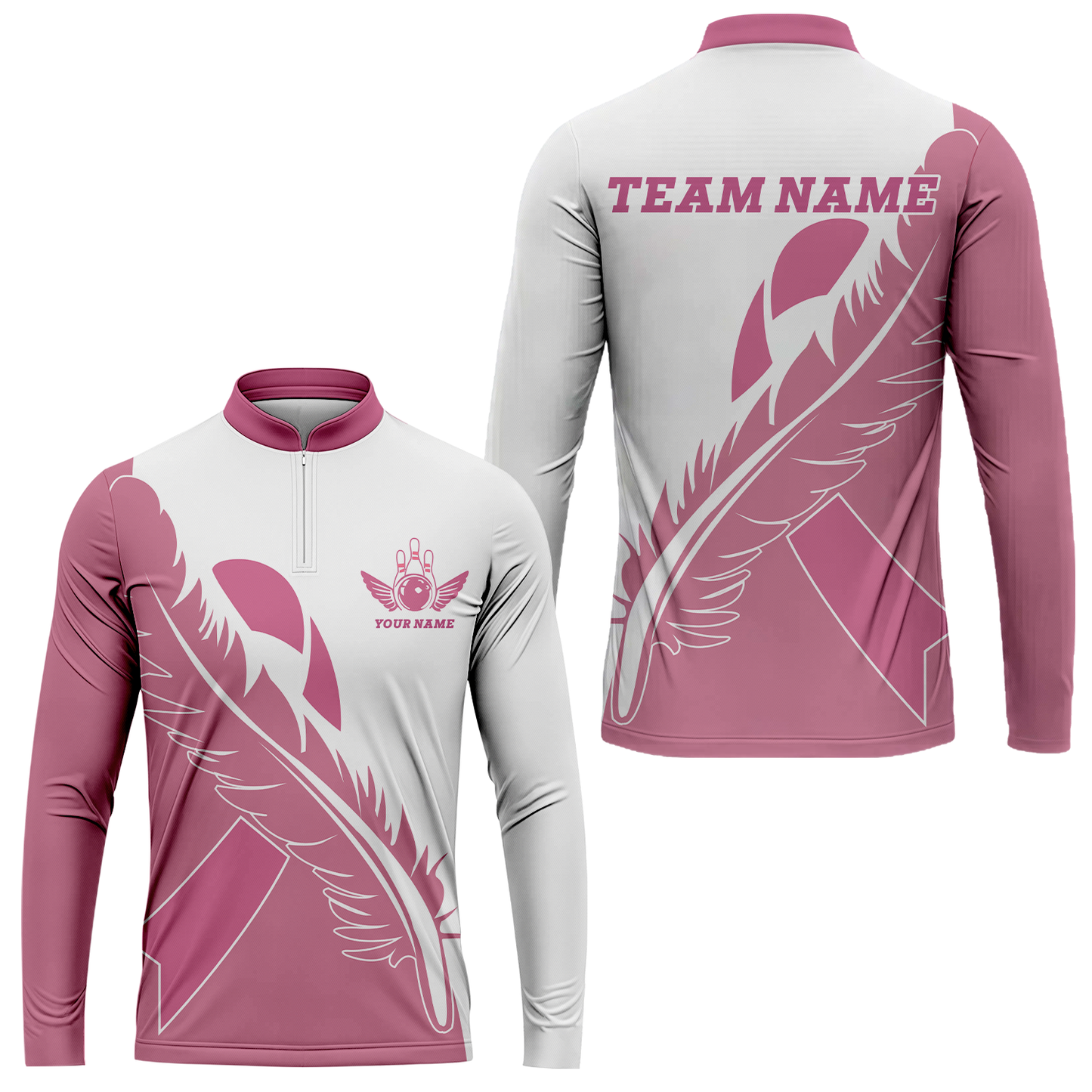 Feather Pink Ribbon Breast Cancer Custom Bowling Team Polo Shirts, Pink Ribbon Bowling Team Uniforms Jerseys, Personalized Name And Team Name