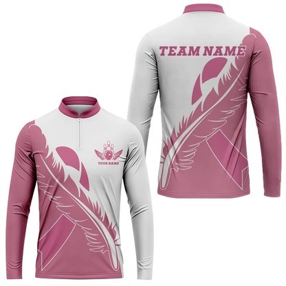 Feather Pink Ribbon Breast Cancer Custom Bowling Team Polo Shirts, Pink Ribbon Bowling Team Uniforms Jerseys, Personalized Name And Team Name