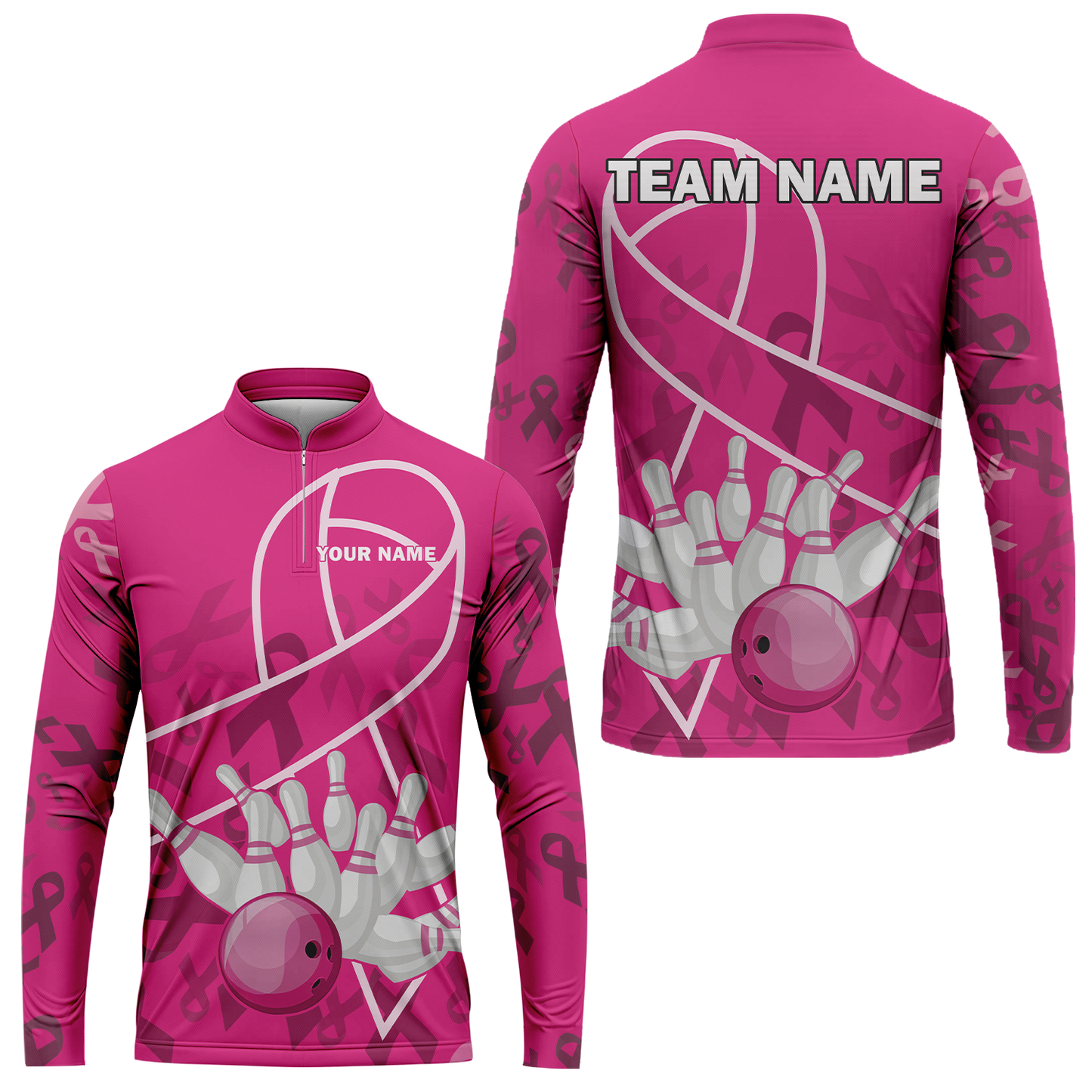 Custom Bowling Team Jerseys Polo Shirts for Breast Cancer Awareness, Bright Pink Bowling uniforms, pink bowling ball striking white pins Bowling Polo