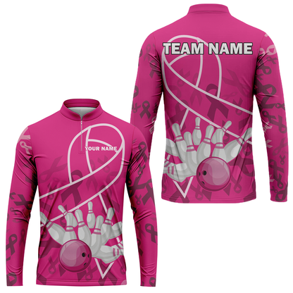Custom Bowling Team Jerseys Polo Shirts for Breast Cancer Awareness, Bright Pink Bowling uniforms, pink bowling ball striking white pins Bowling Polo