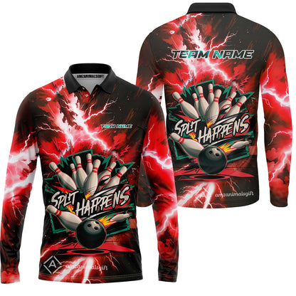 Customized Bowling Jersey, Dramatic Red And Black Lightning - Split Happens , Uniform Bowling - Personalized Name And Team Name