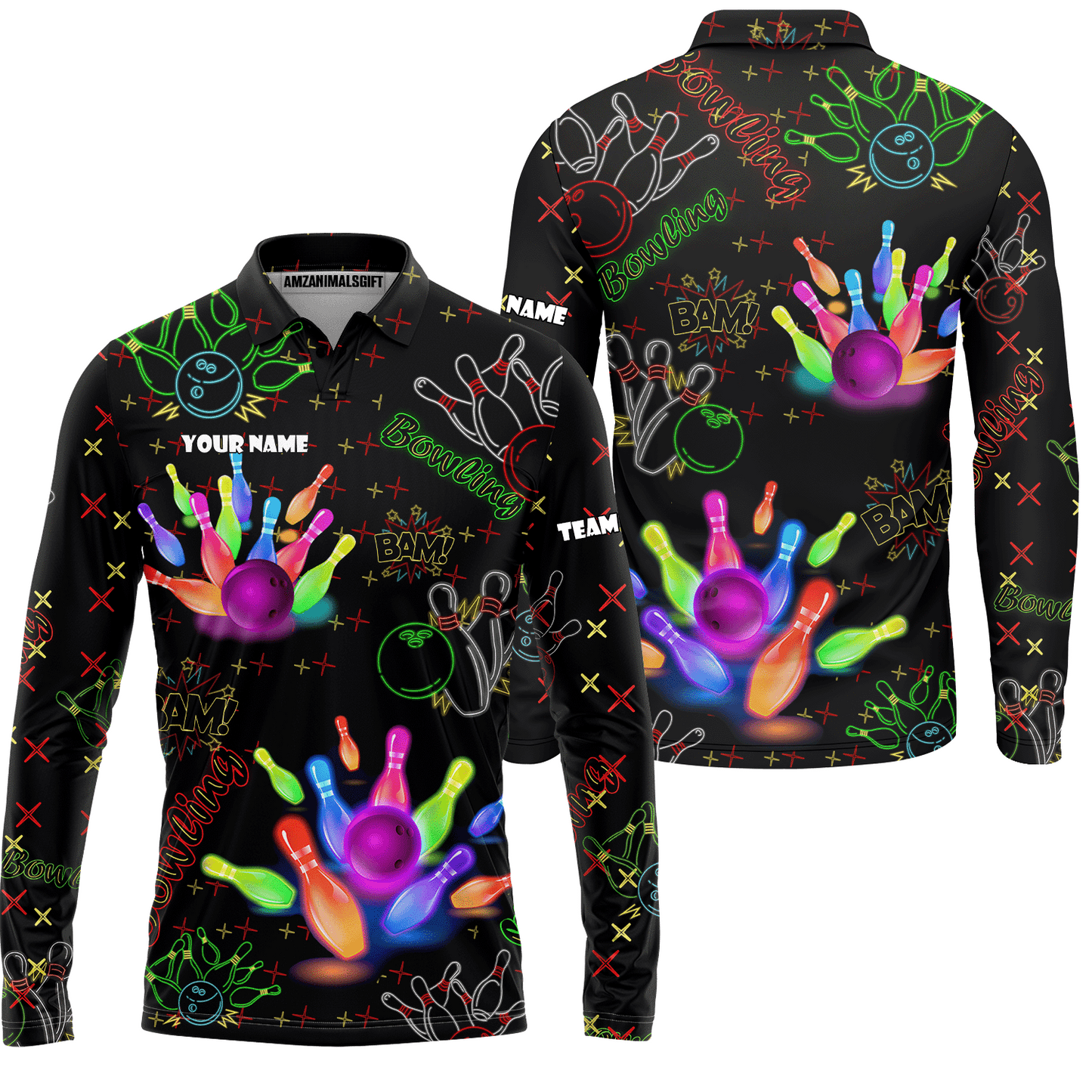 Custom Colorful Neon Bowling Team Jerseys Polo Shirts, Bowling uniforms, Funny Bowling Ball Colorful Neon Bowling Personalized Name And Team Name
