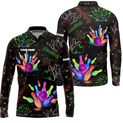 Custom Colorful Neon Bowling Team Jerseys Polo Shirts, Bowling uniforms, Funny Bowling Ball Colorful Neon Bowling Personalized Name And Team Name