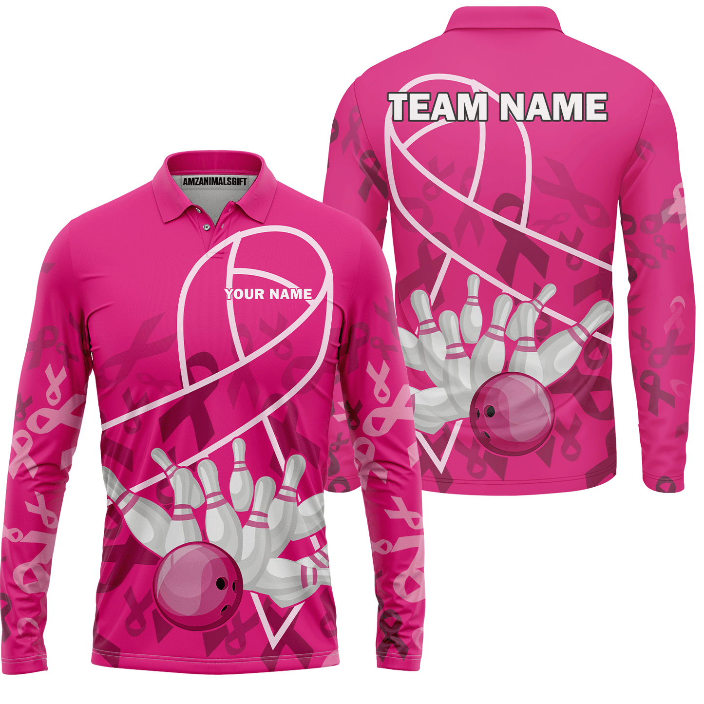 Custom Bowling Team Jerseys Polo Shirts for Breast Cancer Awareness, Bright Pink Bowling uniforms, pink bowling ball striking white pins Bowling Polo
