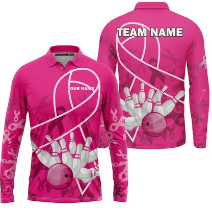 Custom Bowling Team Jerseys Polo Shirts for Breast Cancer Awareness, Bright Pink Bowling uniforms, pink bowling ball striking white pins Bowling Polo