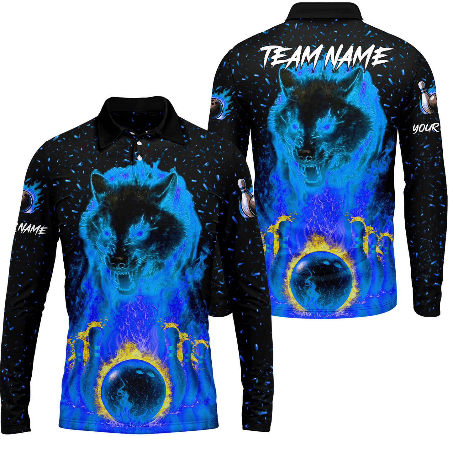 Customized Bowling Jersey, Glowing Wolf with Fiery Bowling Pins , Uniform Bowling - Personalized Name And Team Name