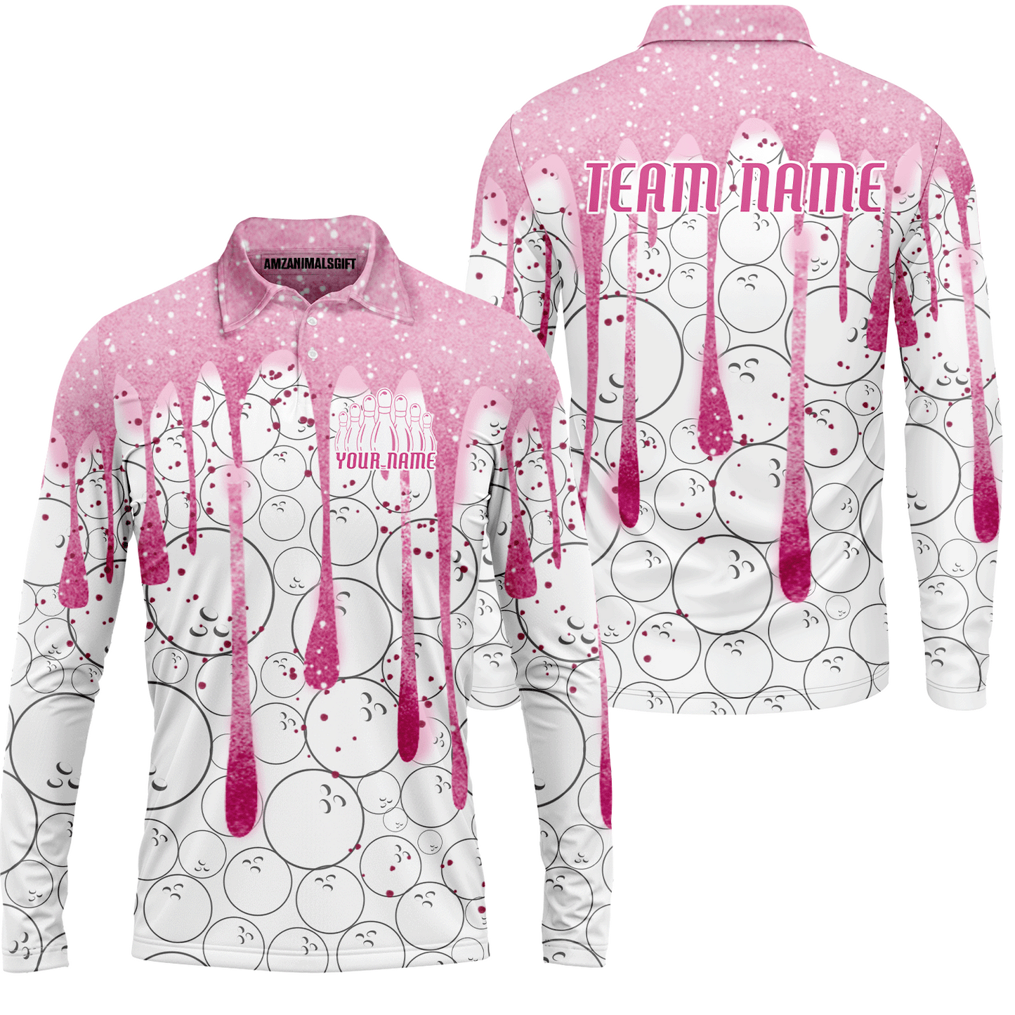 Custom Pink Glitter Bowling Team Women Polo Shirts, Custom Glitter Bowling Team Uniforms Jerseys, Bowling Ball Polo Personalized Name And Team Name