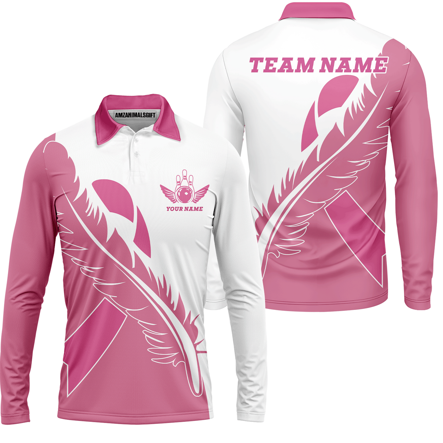 Feather Pink Ribbon Breast Cancer Custom Bowling Team Polo Shirts, Pink Ribbon Bowling Team Uniforms Jerseys, Personalized Name And Team Name