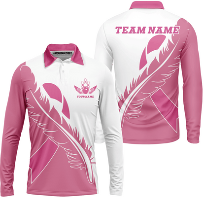 Feather Pink Ribbon Breast Cancer Custom Bowling Team Polo Shirts, Pink Ribbon Bowling Team Uniforms Jerseys, Personalized Name And Team Name