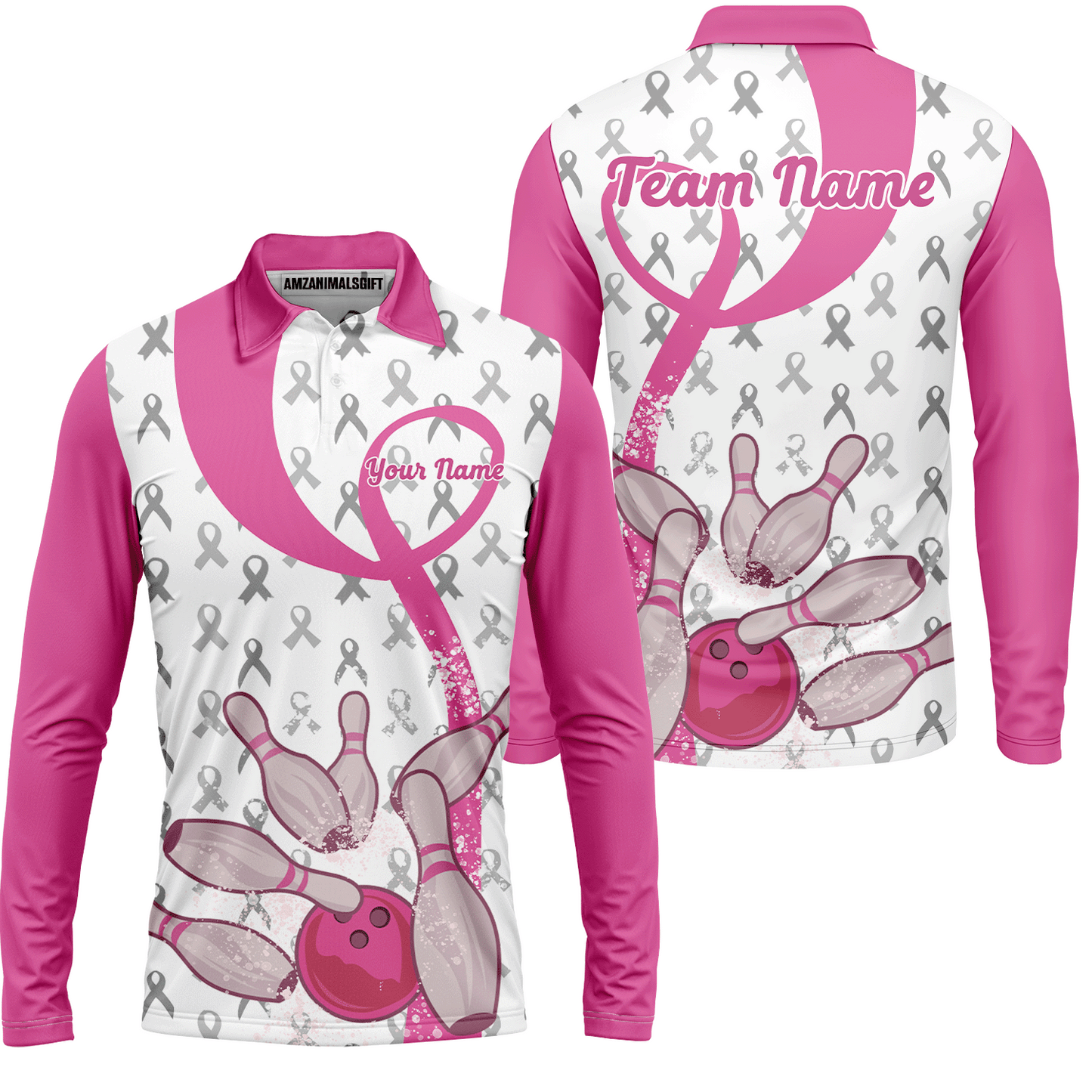 Pink Ribbon Breast Cancer Custom Bowling Team Polo Shirts, Pink Ribbon Bowling Team Uniforms Jerseys Personalized Name And Team Name