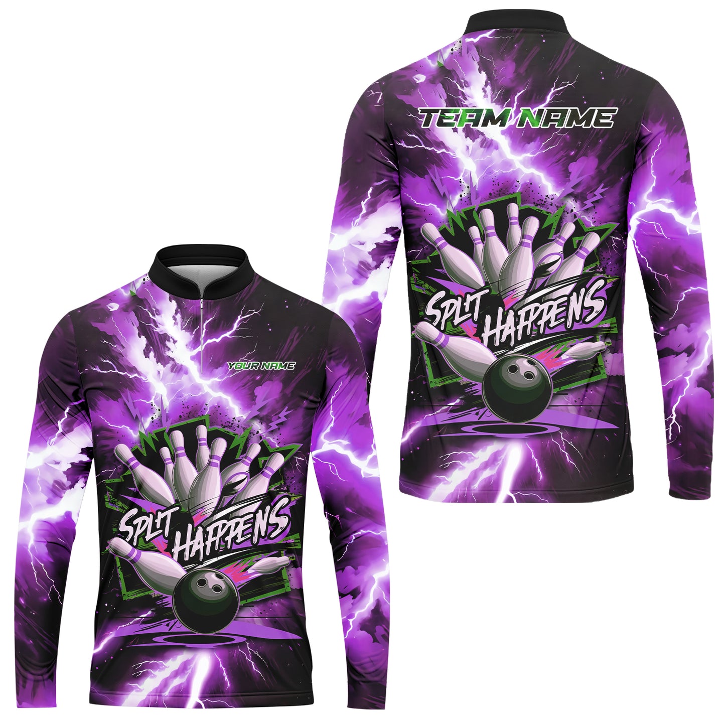 Custom Bowling Team Jersey, Split Happens - Electric Lightning, Bowling Uniforms, Personalize Name And Team Name