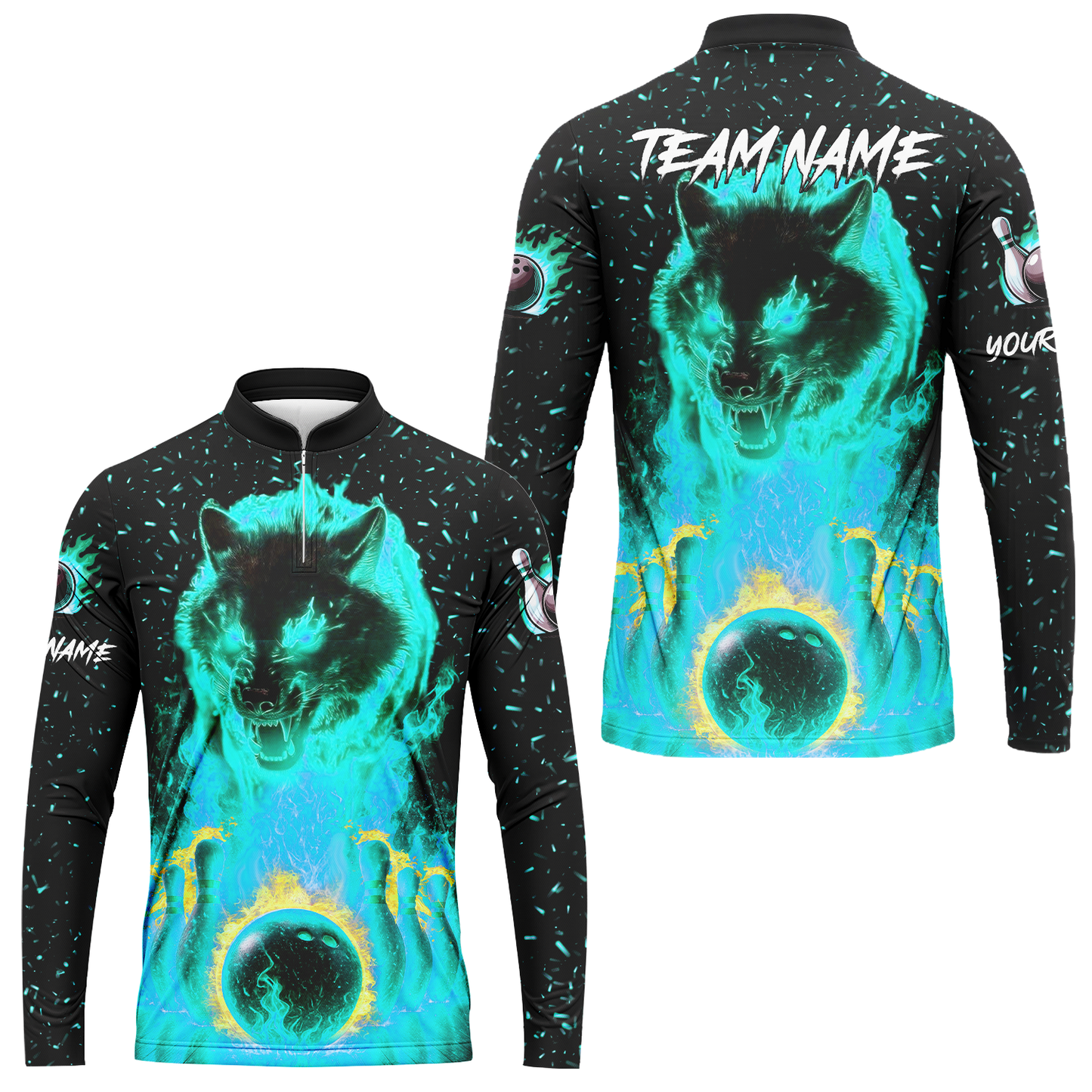 Customized Bowling Jersey, Glowing Wolf with Fiery Bowling Pins , Uniform Bowling - Personalized Name And Team Name
