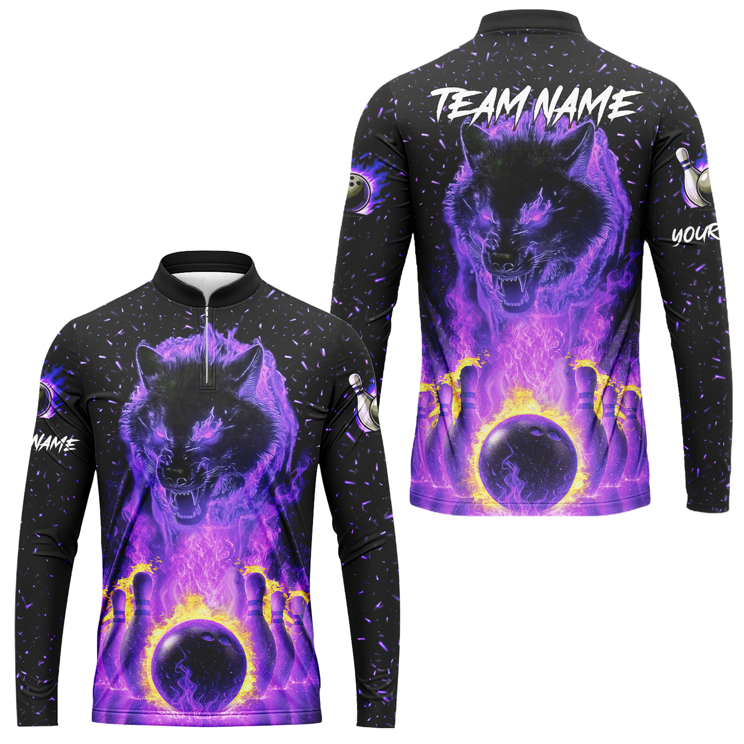 Customized Bowling Jersey, Glowing Wolf with Fiery Bowling Pins , Uniform Bowling - Personalized Name And Team Name