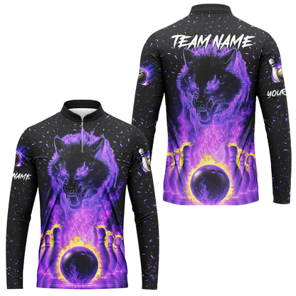 Customized Bowling Jersey, Glowing Wolf with Fiery Bowling Pins , Uniform Bowling - Personalized Name And Team Name