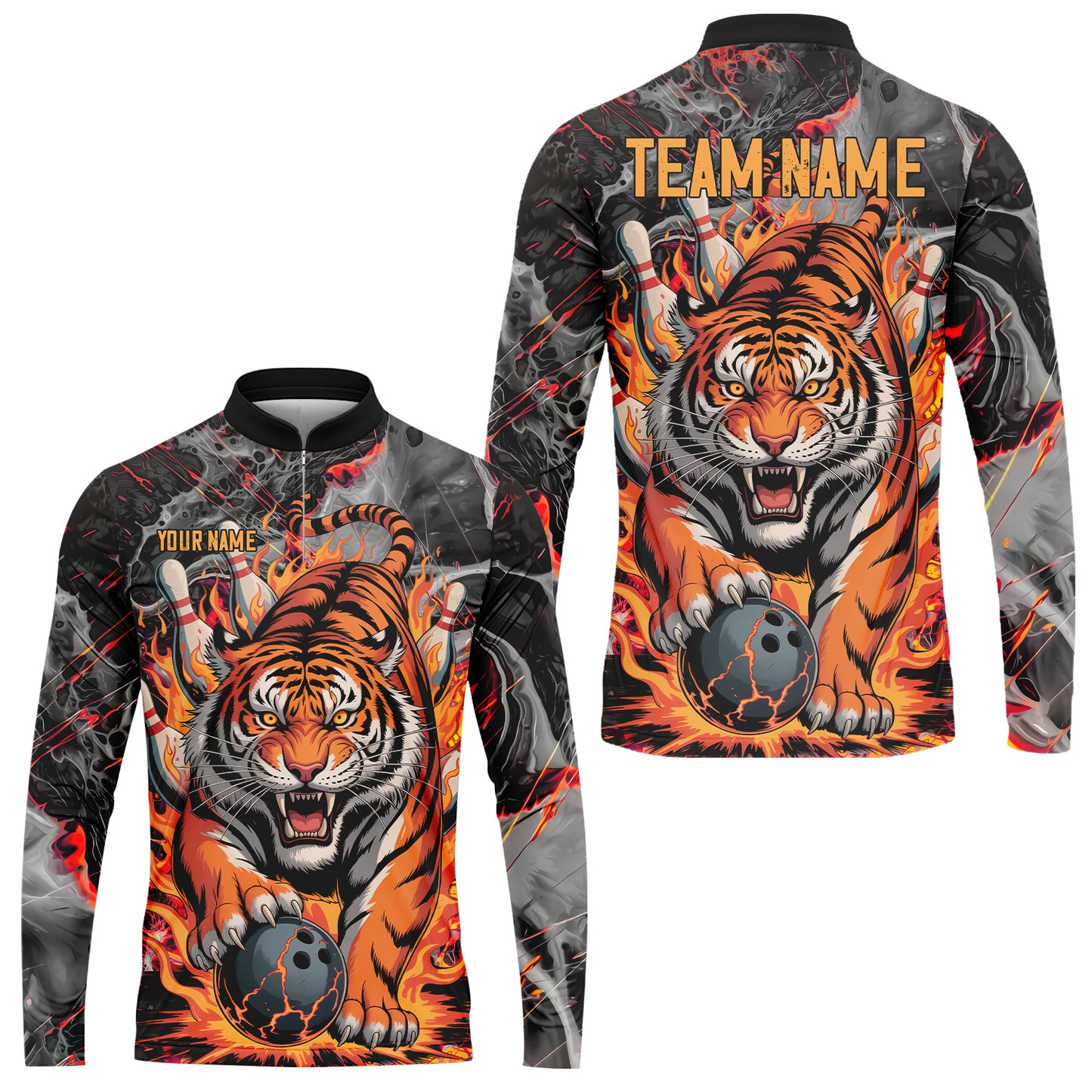Custom Bowling Team Jersey, Tiger Gripping A Bowling Ball, Bowling Uniforms, Personalize Name And Team Name