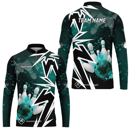 Customized Bowling Polo, Bowling And Pins Smoke Multicolor Option Customized Name And Team Zipper Polo Jerseys Shirts