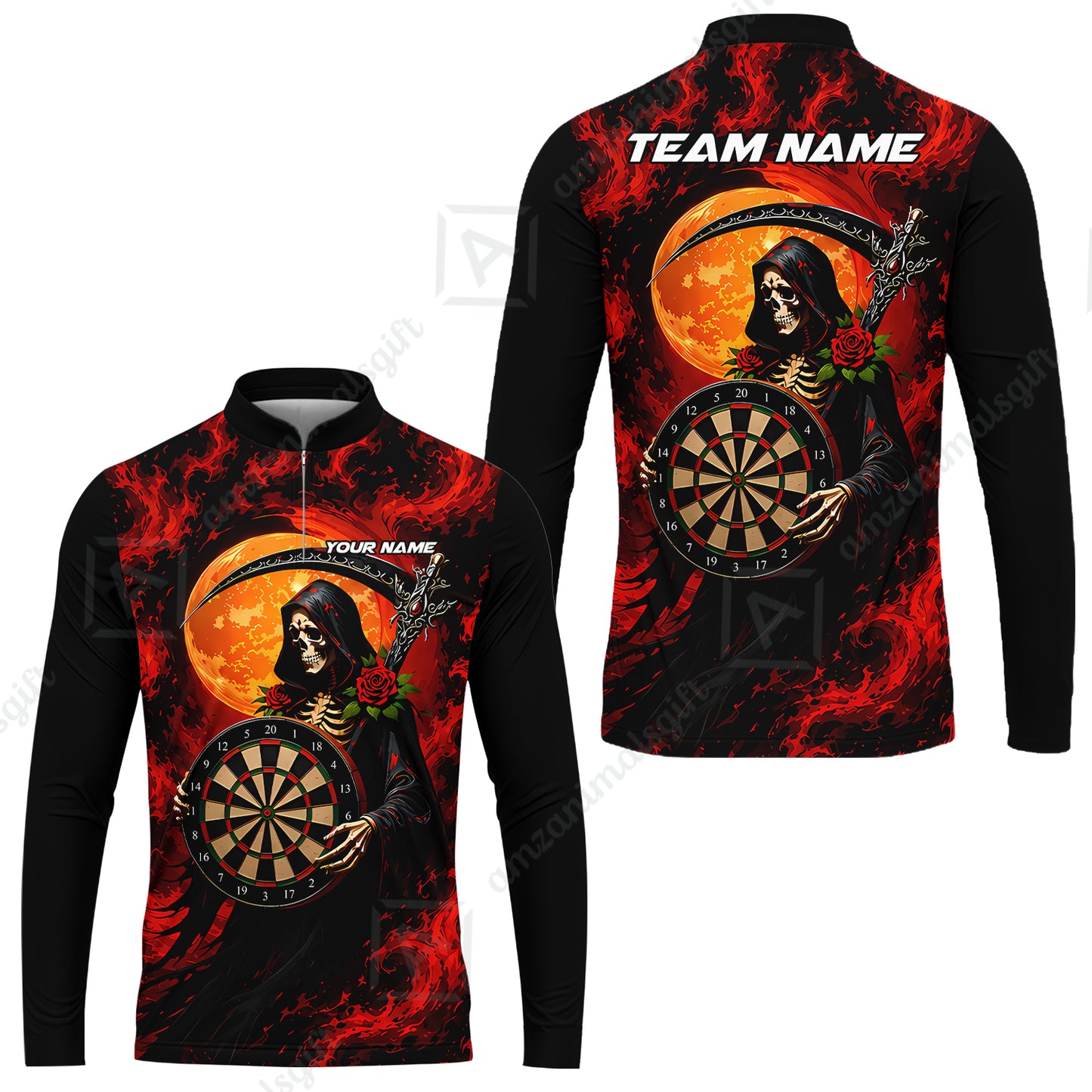 Customized Grim Reaper Holding Dartboard In Moonlight Halloween Darts Jersey, Personalized Name And Team Name For Players