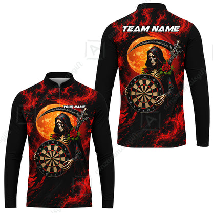 Customized Grim Reaper Holding Dartboard In Moonlight Halloween Darts Jersey, Personalized Name And Team Name For Players