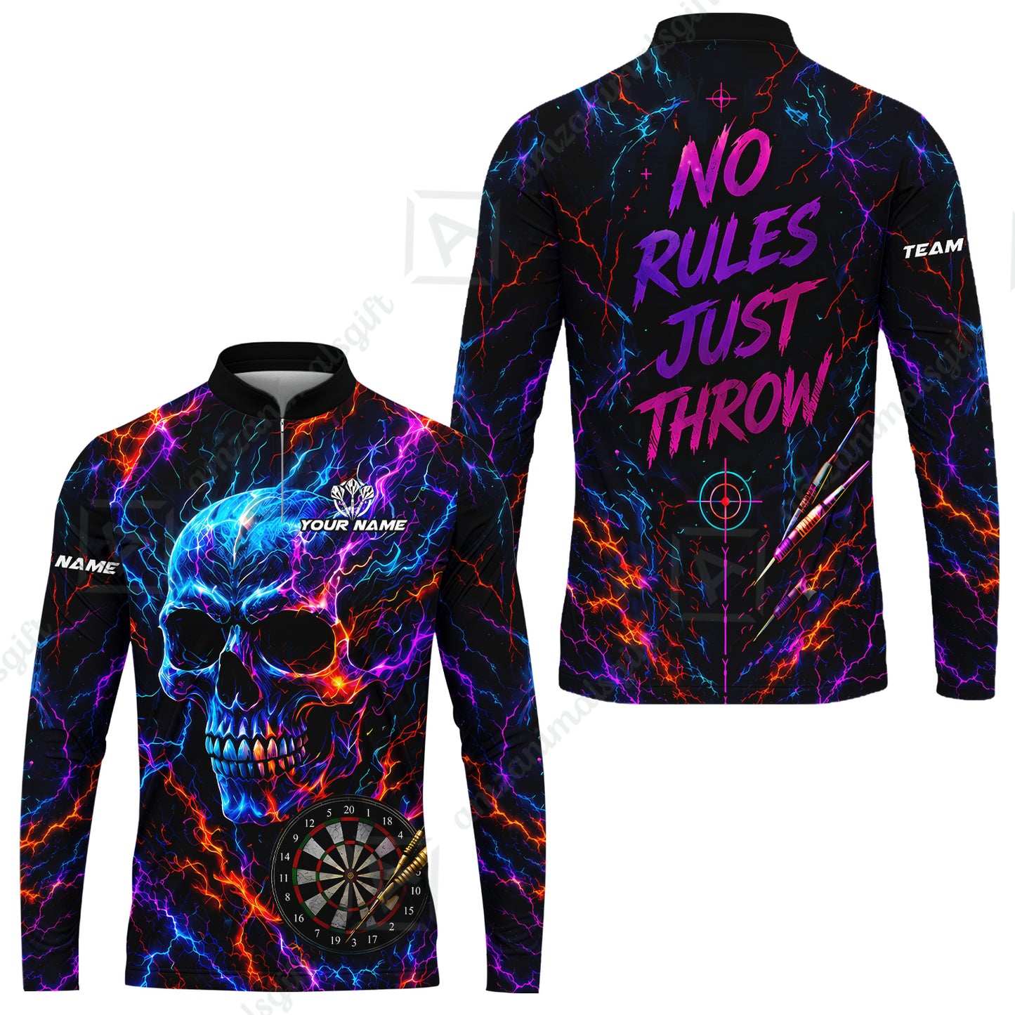 Customized Neon Skull - No Rules Just Throw Darts Jersey, Personalized Name And Team Name For Players