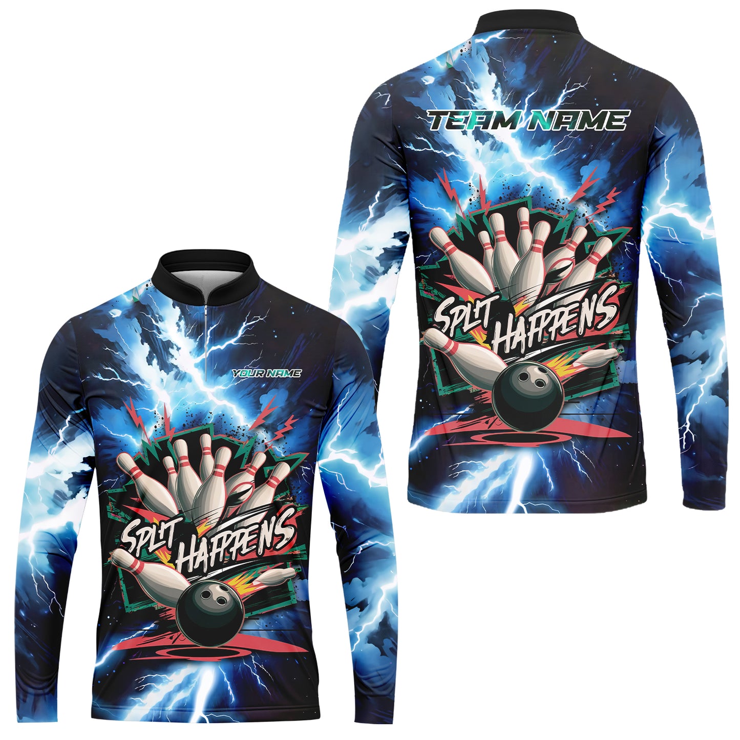 Custom Bowling Team Jersey, Split Happens - Electric Lightning, Bowling Uniforms, Personalize Name And Team Name